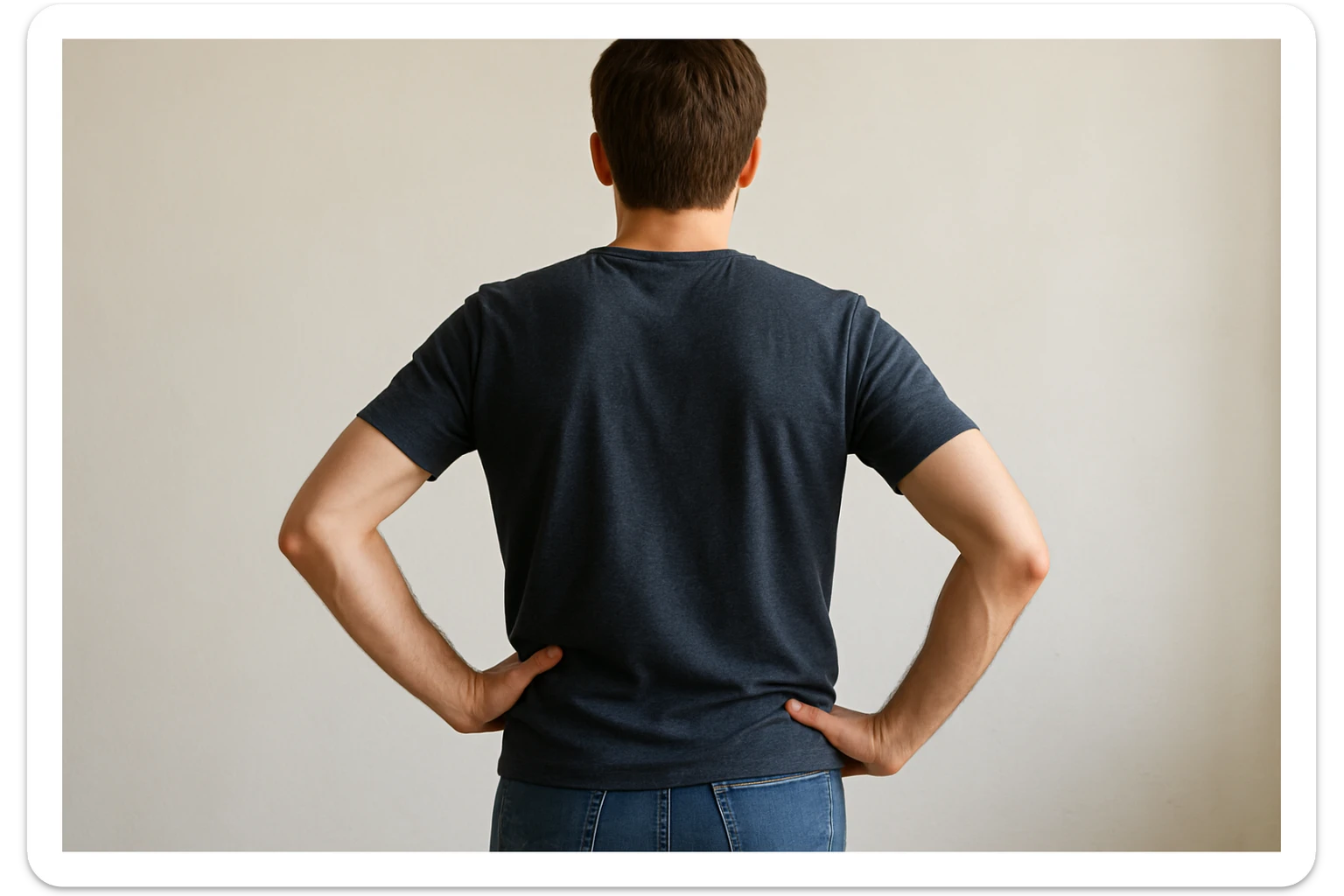 Rakurs orqadan oldiga qarab turgan inson qo'lini beliga qo'yib turgan sticker