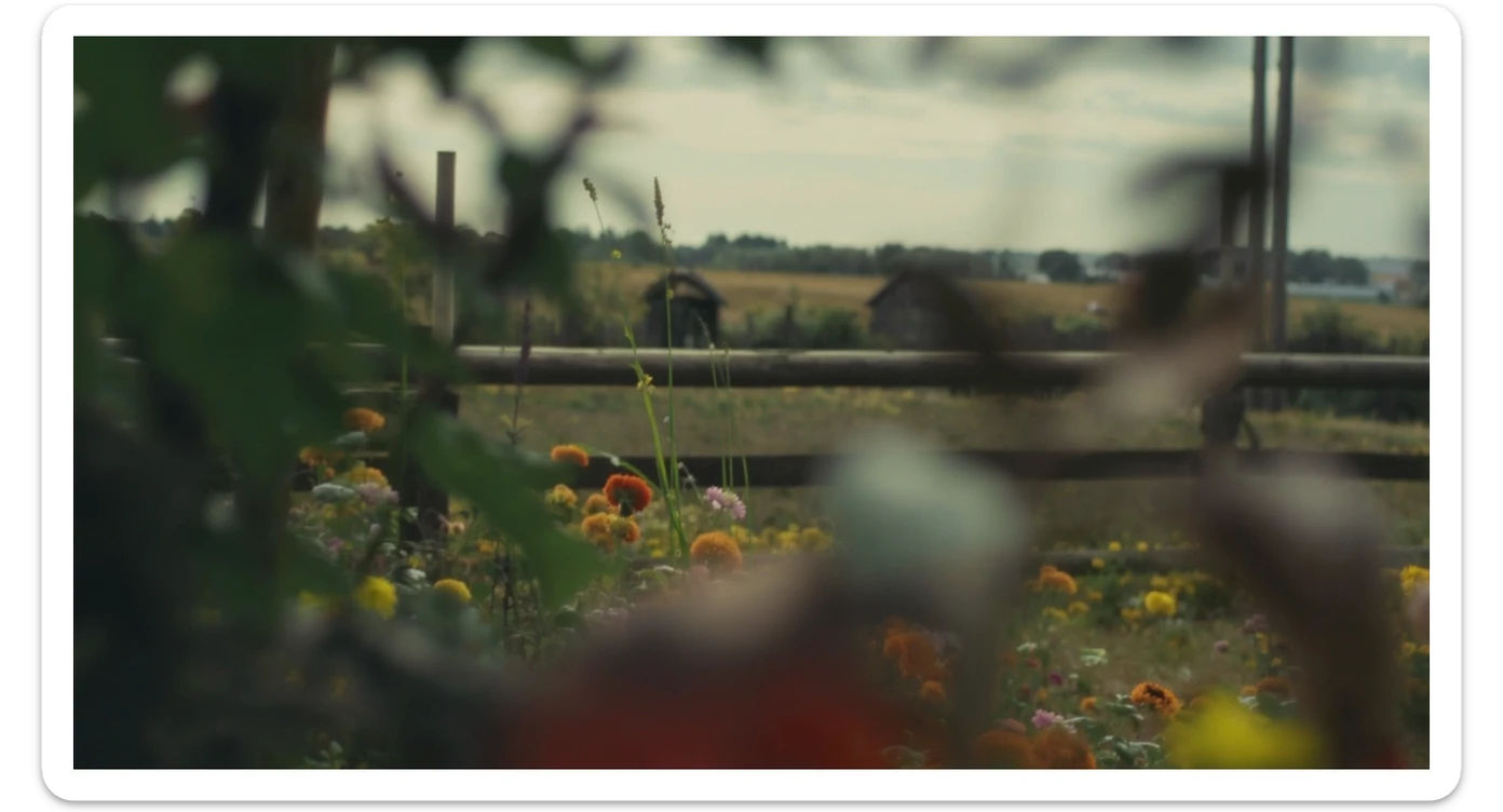 A portrait of a person in the foreground, blurred plants in the foreground (frame within a frame), a wooden fence and colorfull flowers in the midground, Poland, rolling hills in the background, cinematic depth of field, layered composition, natural lighting sticker