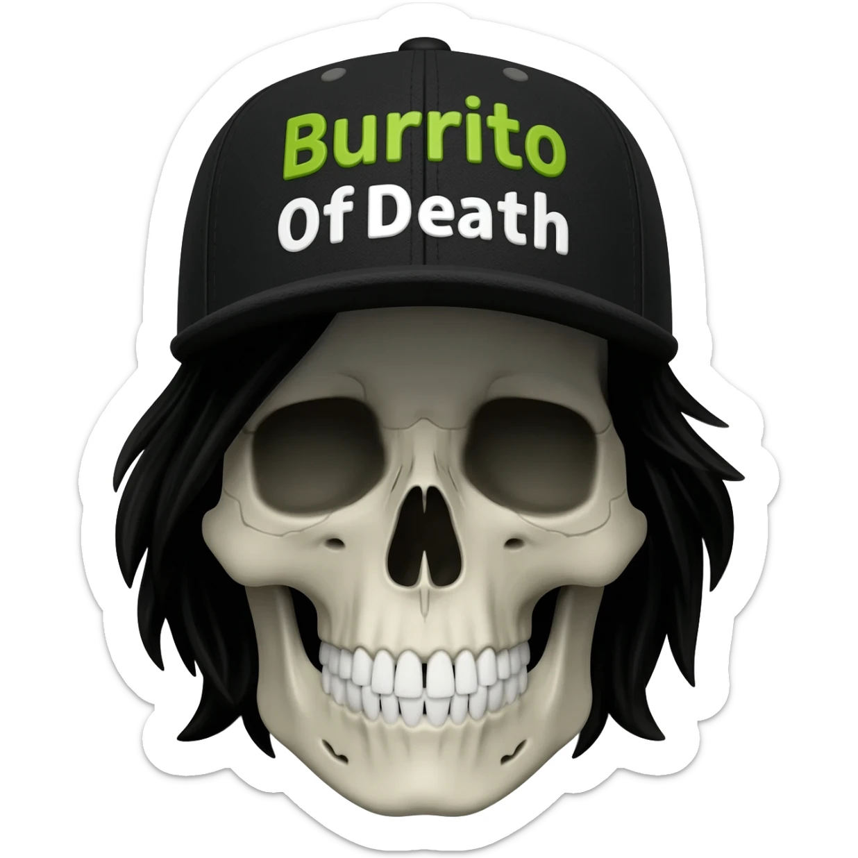 Create a skeleton head wearing a black baseball cap that says " Burrito Of Death " in green, and white lettering, with black hair sticker