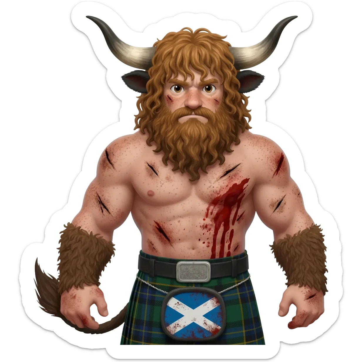 big buff curly hairy man covered in dirt scars and blood with freckles with messy light brown bangs that covers his face completely with bull horns and bull ears and bull tail dressed in kilt with shabby scottish flag sticker