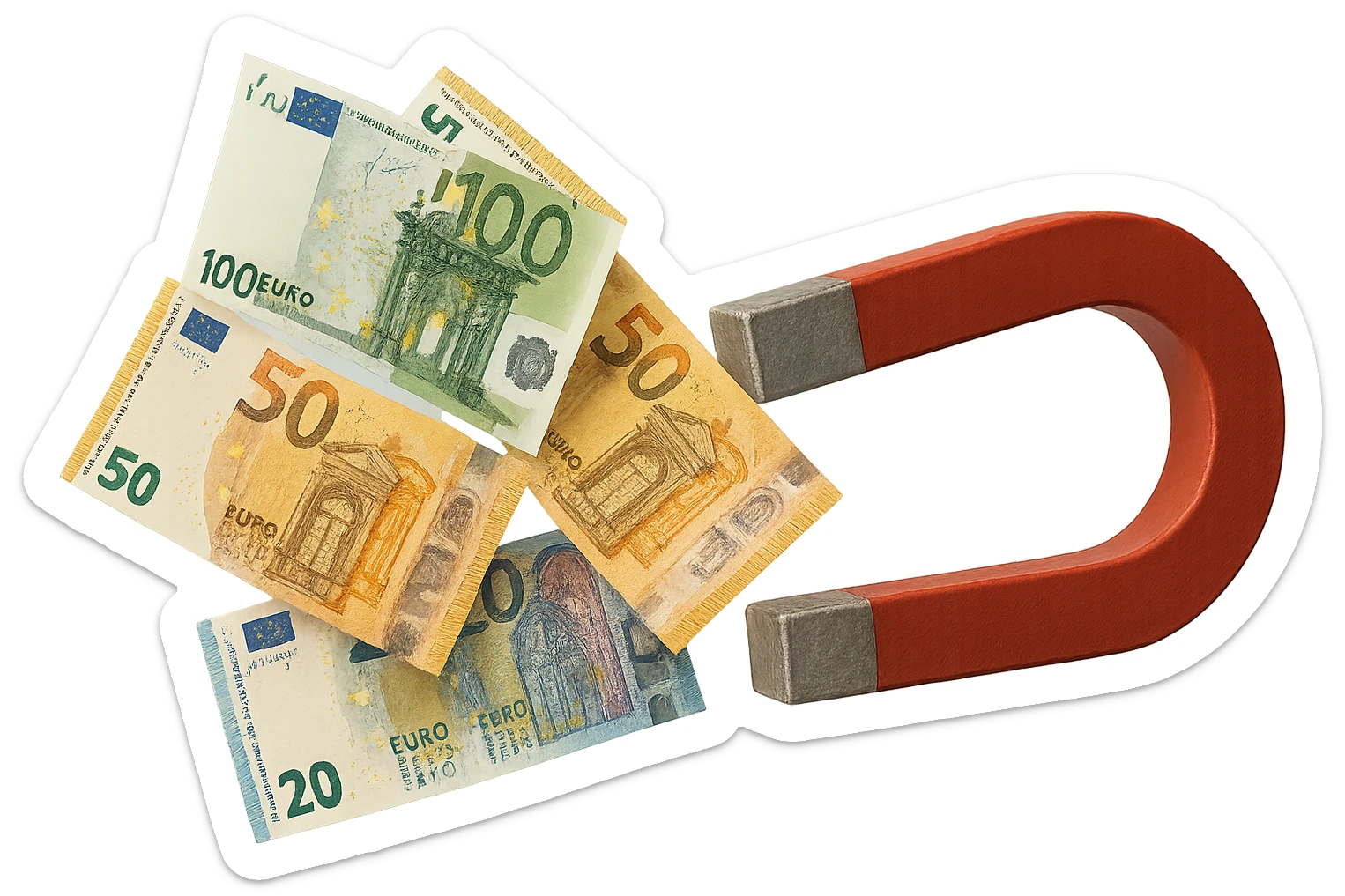 banconote di euro fluttuano vicino ad una calamita rossa, sono attratte, iperrealistico 4k sticker