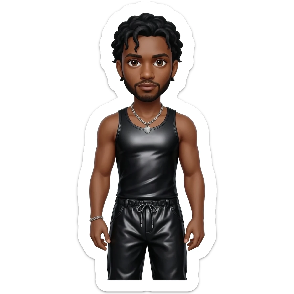 Usher with brown eyes, black hair, black metallic boat tank top, black metallic faux baggy pants, silver necklace sticker