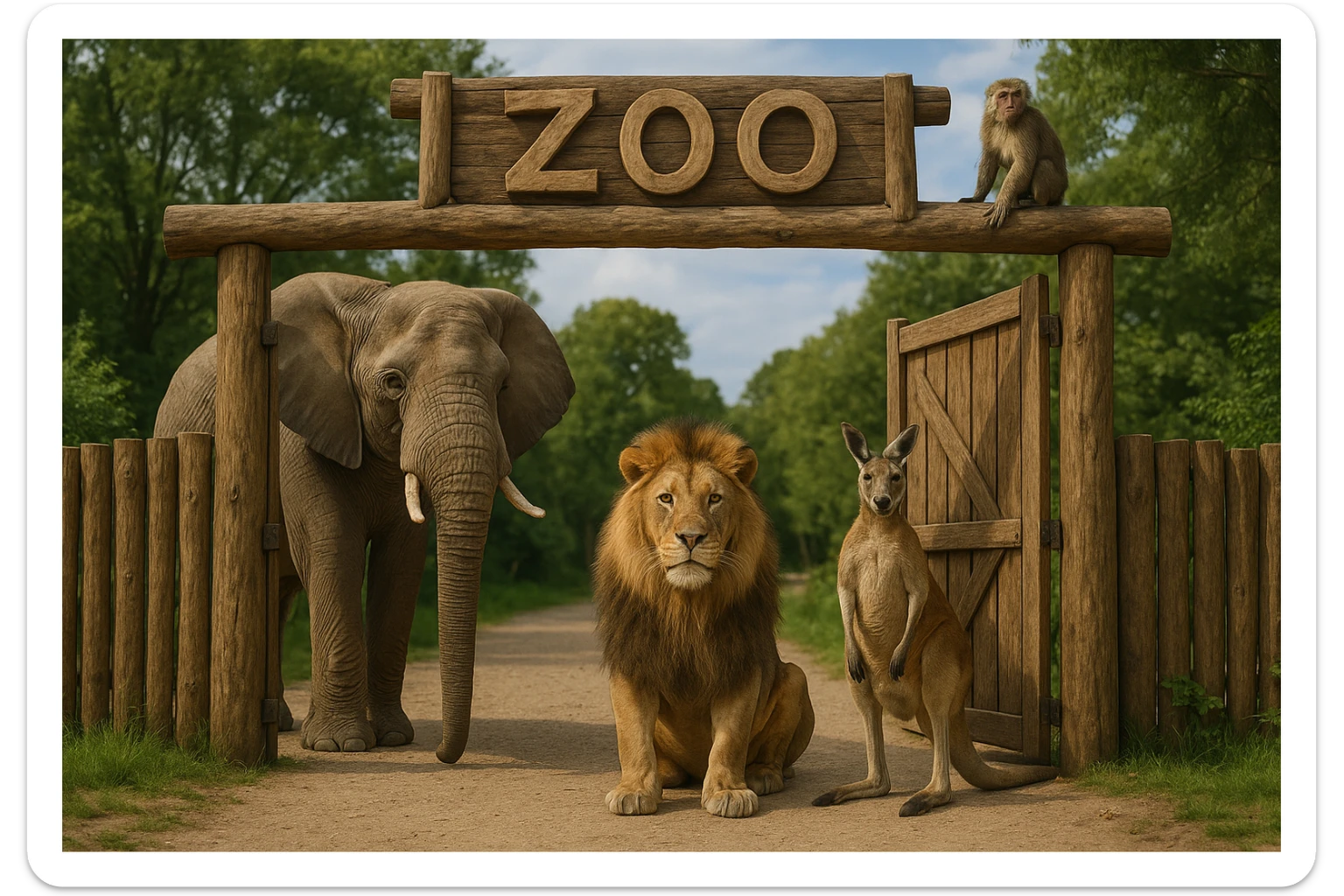 wooden zoo entrance gate with the word 'zoo' on top, realistic-looking elephant, lion, kangaroo, and monkey standing near the open gates, animals look like real animals, natural hand-crafted feel, no cartoonish or AI-generated style sticker