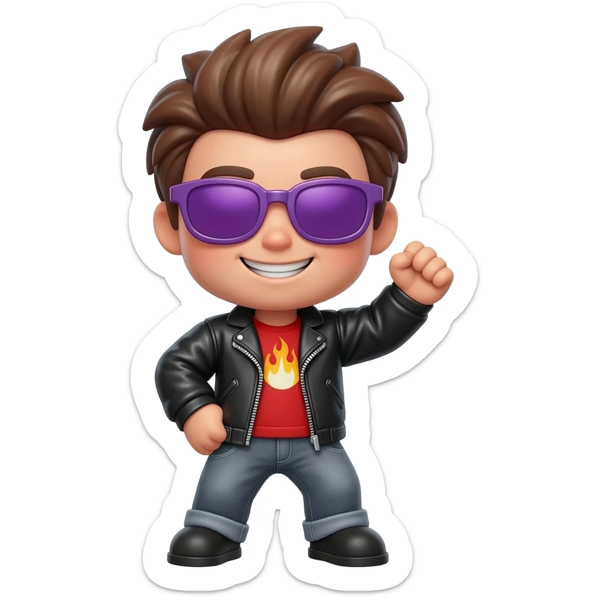 Cool Roblox boy avatar emoji, brown hair, purple sunglasses, smiling face, black leather jacket, red shirt with flame design, gray jeans, confident pose with one hand raised, playful and stylish vibe, 3D cartoon style, bright lighting, cute gaming emoji style sticker