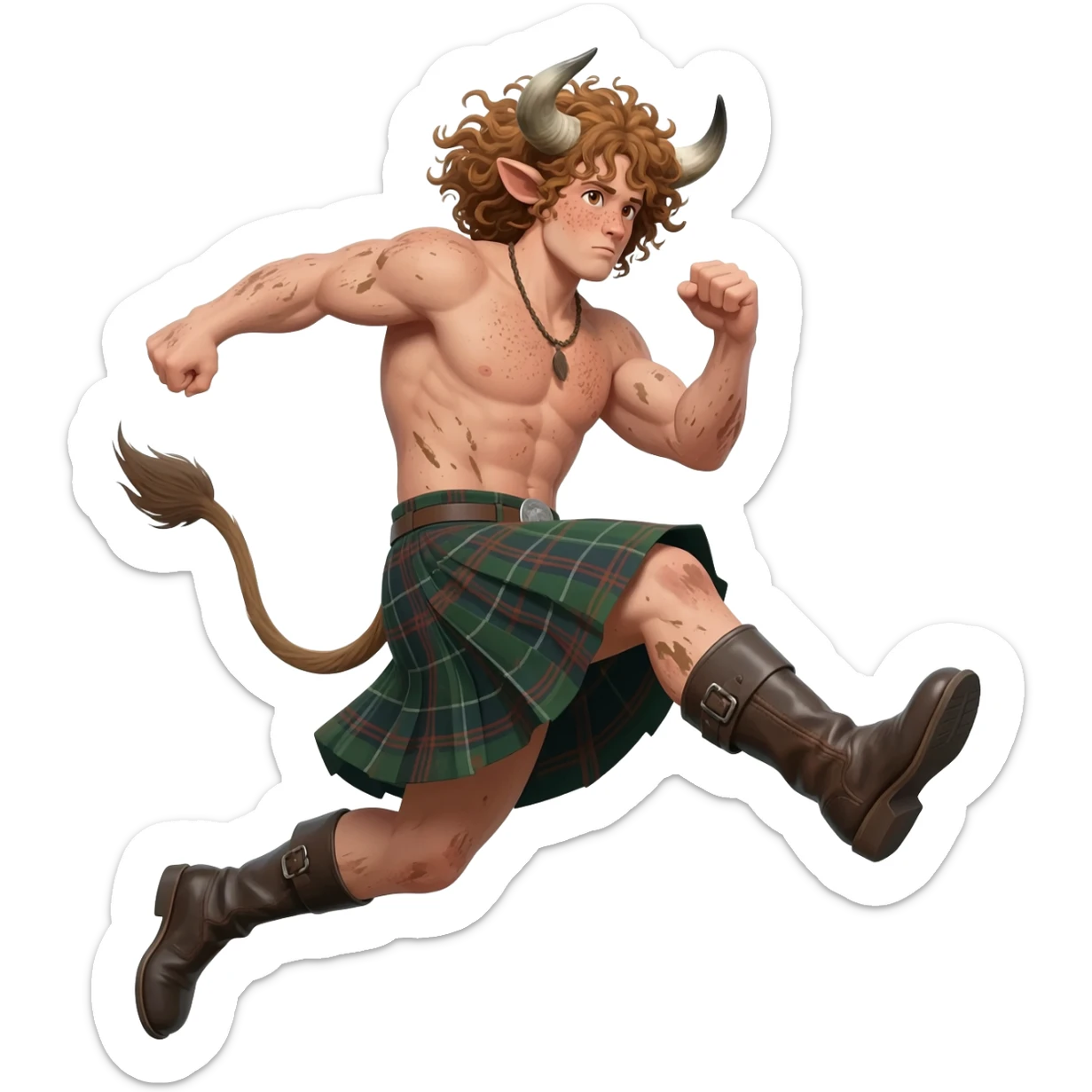 big buff curly hairy man covered in dirt with freckles with messy light brown bangs that covers his face completely with bull horns and bull ears and bull tail dressed in kilt jumped up kicking with his strong leg in boots with wind in his hair front view sticker