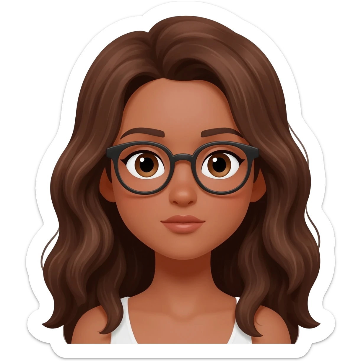 Faça uma menina de olhos grandes lábios um pouco fino, cabelos longos levemente ondulados castanhos com olhos castanhos pele morena e com óculos sticker