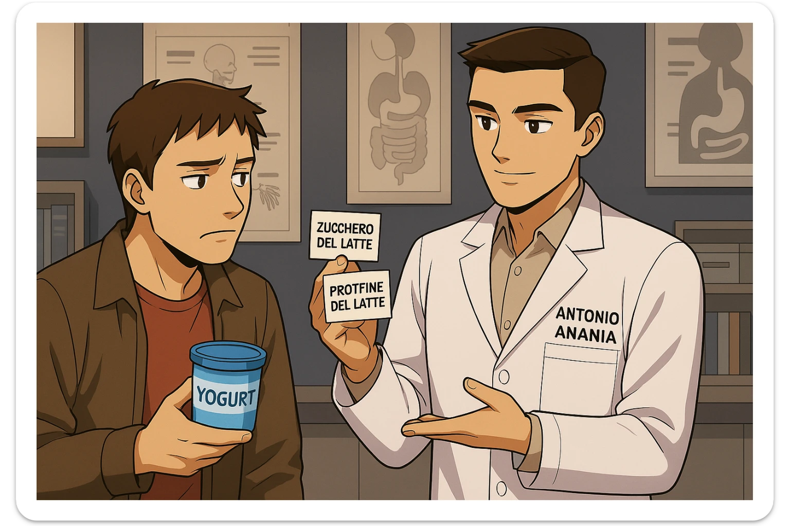 fai un webtoon manga a colori con questo stile, in cui un uomo ASCOLTA Il kinesiologo con il camice bianco (fagli anche la scritta "ANTONIO ANANIA" SUL CAMICE, IL KINESIOLOGO SPIEGA ALL'UOMO UNA COSA TENENDO DUE FOGLIETTINI IN MANO, UNO CON LA SCRITTA "ZUCCHERO DEL LATTE" E UNA CON LA SCRITTA "PROTEINE DEL LATTE". L'UOMO OSSERVA LO YOGURT CHE HA IN MANO CON ESPRESSIONE DUBBIOSA IN VOLTO. non fare i fumetti però, fai solo in modo che sembri stiano parlando sticker