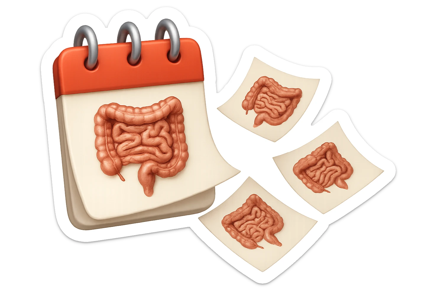 emoji stile iphone di un calendario con fogli che volano insieme, sui fogli ci sono disegnati degli intestini anatomici, iperrealistico 4k, isolato su sfondo bianco sticker