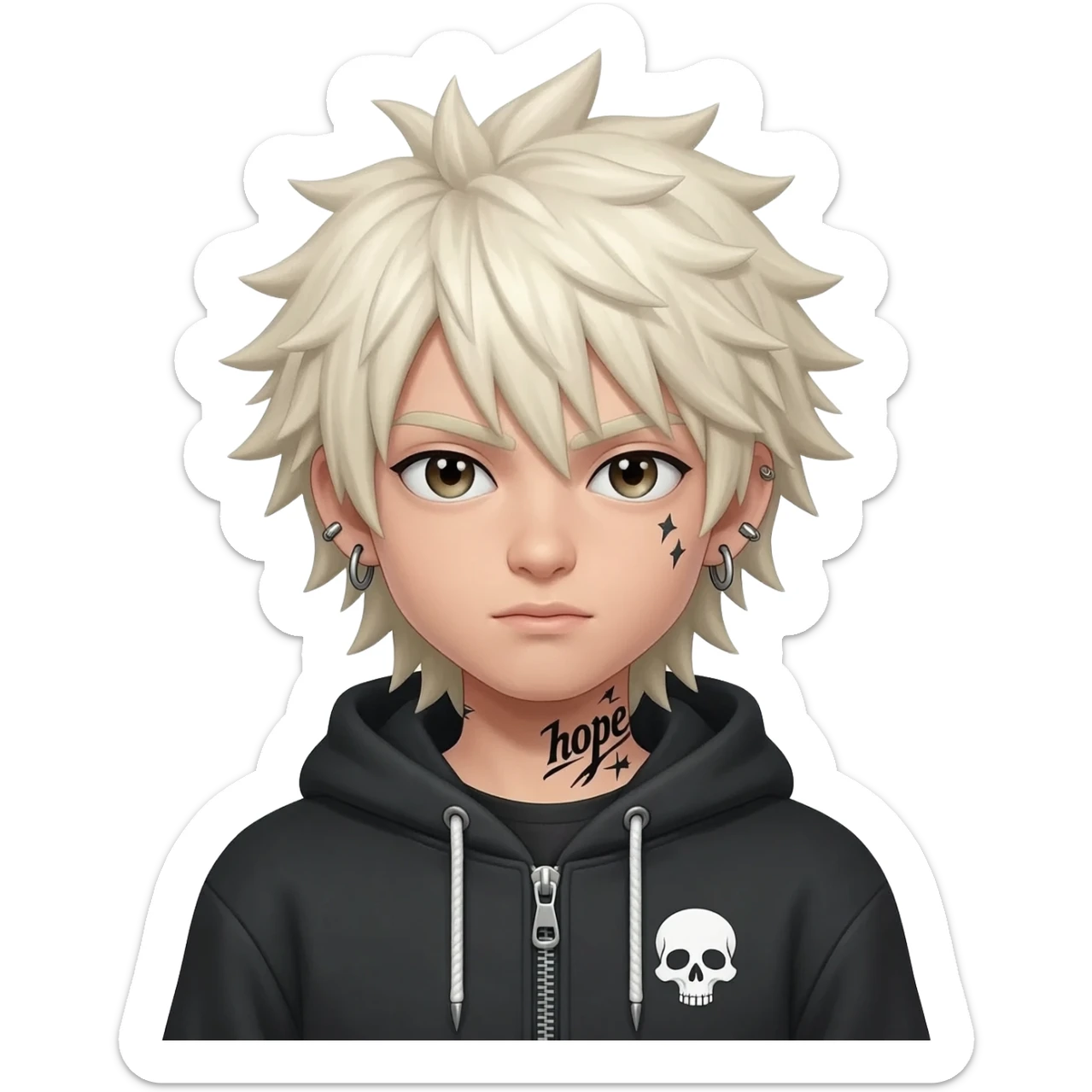 boy japan spiky long platinum gold hair, hoodie zip is vignette skull wear piercings tatto "hope" sticker