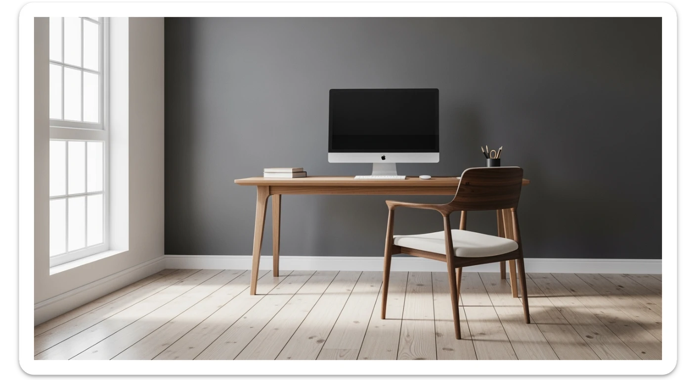Editorial shot, Make this chair next to desk with mac setup, wooden modern floor, minimalistic room, contrast chair to wall, chair standing front to camera, soft bright light in room sticker