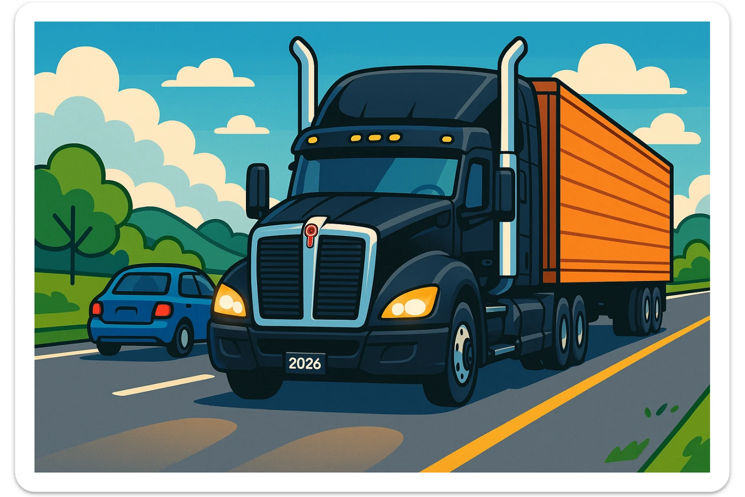 2026 Black Kenworth T680 Sleeper semi truck with tall chrome muffler stacks, headlights on, driving down a road with a car in front, vibrant cartoon style, day scene sticker
