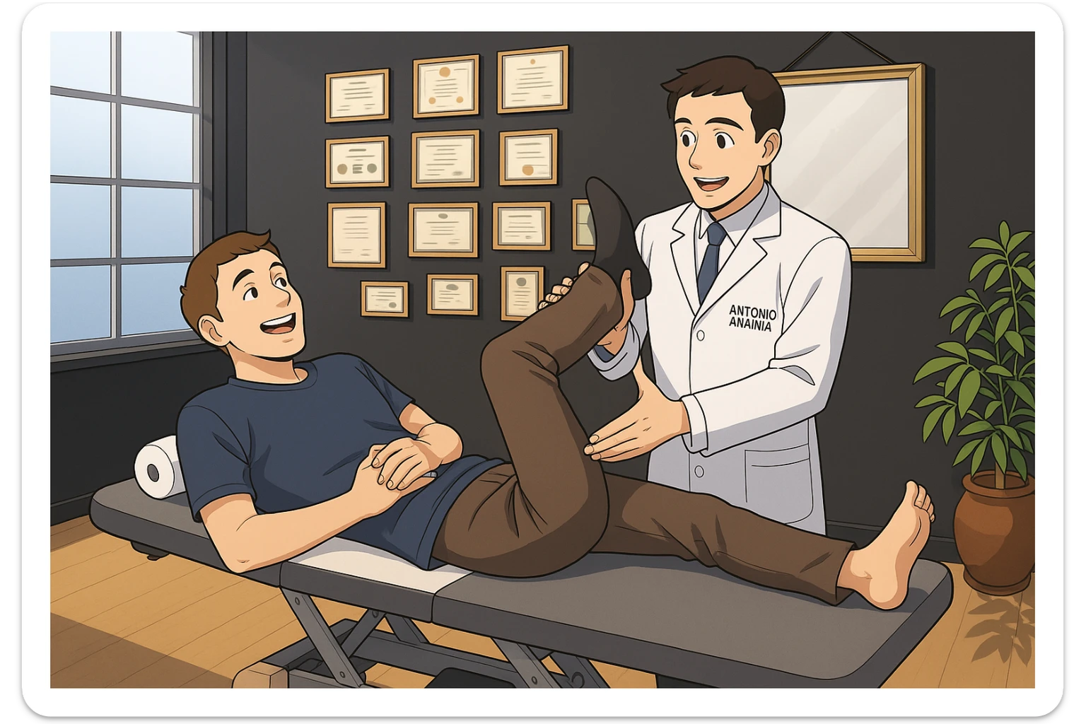 su questo lettino rappresenta un webtoon manga a colori con questo stile, in cui un uomo è steso sul lettino medico e il kinesiologo con il camice bianco (fagli anche la scritta "ANTONIO ANANIA" SUL CAMICE, gli solleva una gamba per fargli il test neuromuscolare, IL KINESIOLOGO SPIEGA ALL'UOMO UNA cosa mentre gli alza la gamba. l'espressione dell'uomo è felice e soddisfatta, non fare i fumetti però, fai solo in modo che sembri stiano parlando sticker