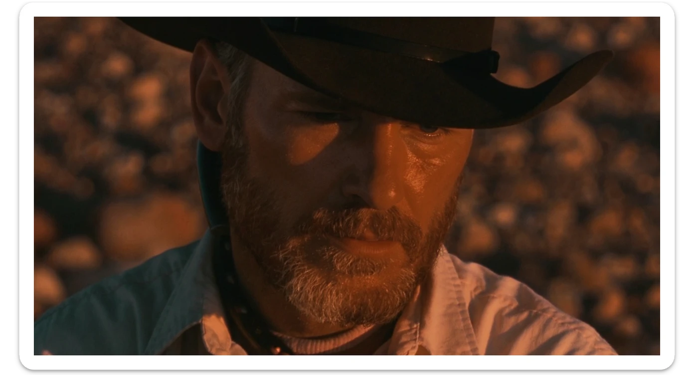 Cinematic , documentary photography, top angle medium shot, cowboy look eye brave, hard light golden hour, desert arizona, shot on arri alexa, 80s movie sticker