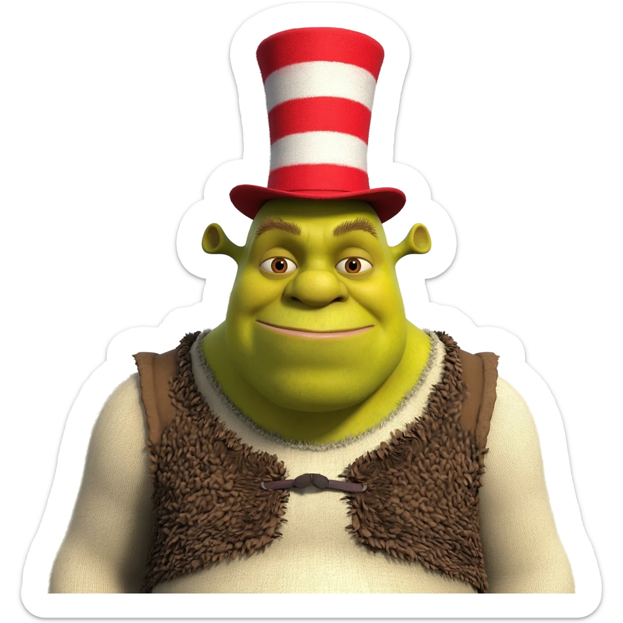 Shrek’s broad build and swampy texture—mixed with the tall, lanky proportions of the Cat in the Hat. He has small ogre ears poking through a slightly tattered red-and-white striped top hat. Hyper-realistic fur and skin textures, expressive CGI facial animation, comedy ogre cartoonish elasticity. sticker