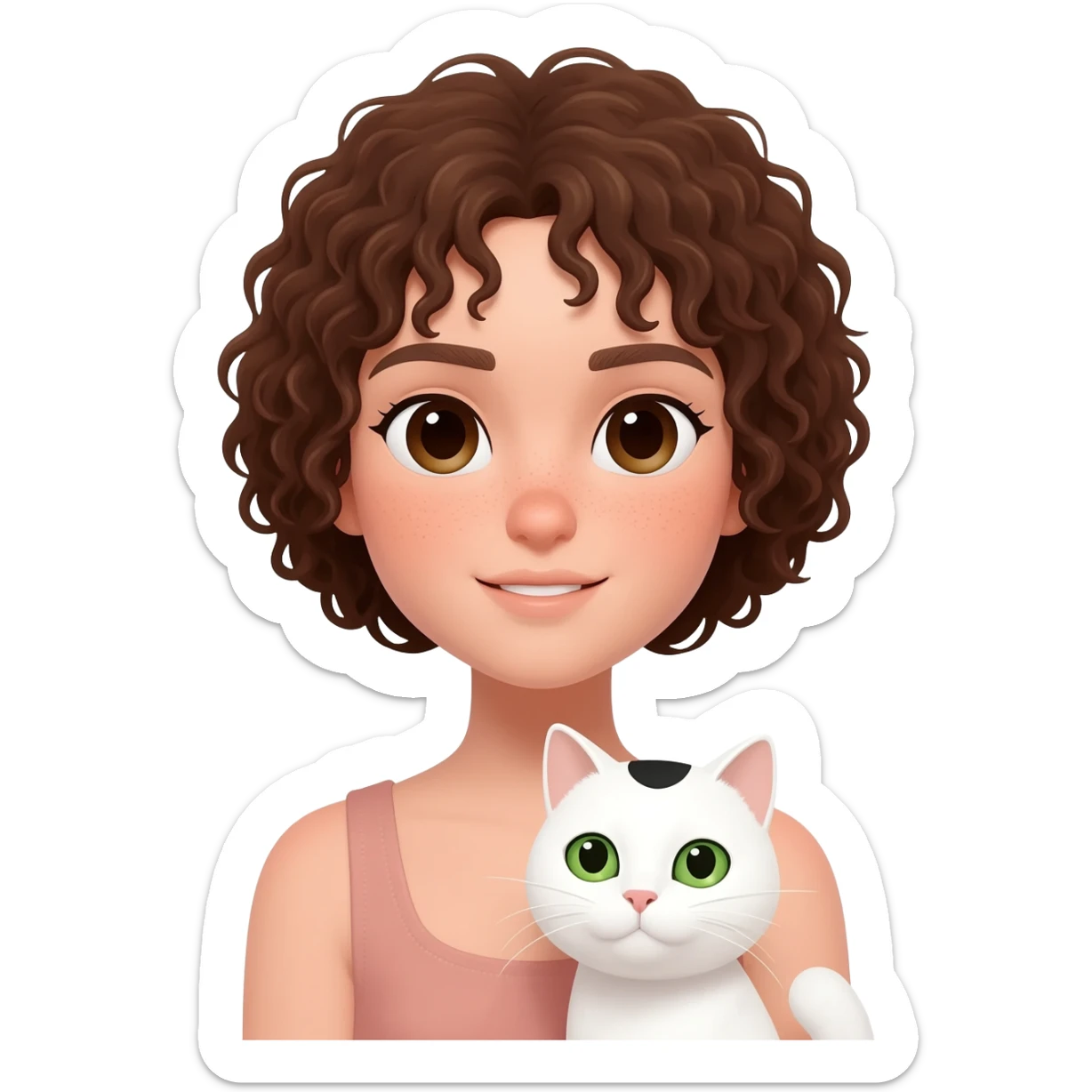 A girl with short, curly brown hair and dark brown eyes is holding a white cat with green eyes and a small black mark on the head. sticker
