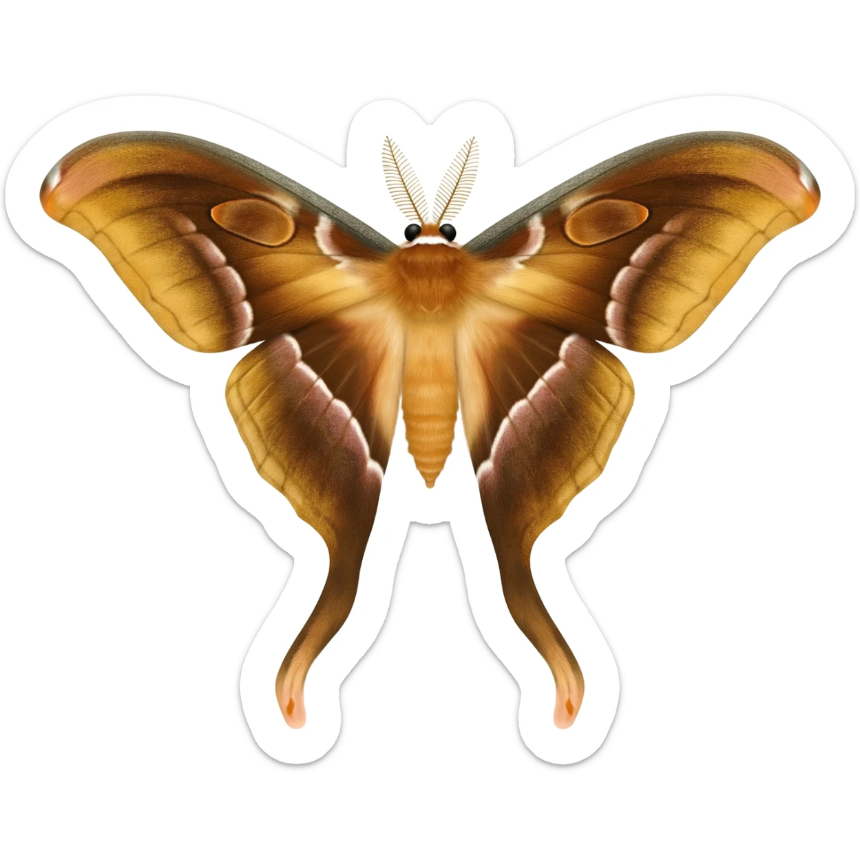 chinese moon moth from above, with accurately detailed wings and colouring, long tendril like lower wings, and little black eyes on top of head sticker