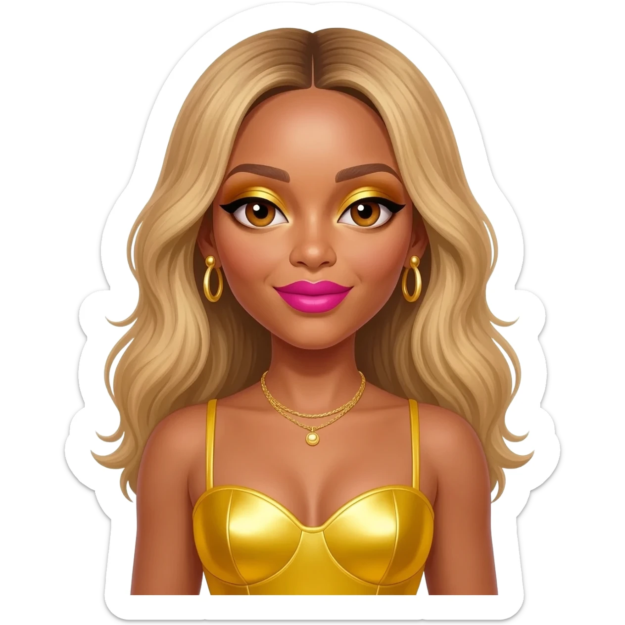 Beyonce with hazel brown eyes, long blonde hair, gold eyeshadow, hot pink lipstick, yellow metallic sweetheart dress, gold necklace and earrings sticker