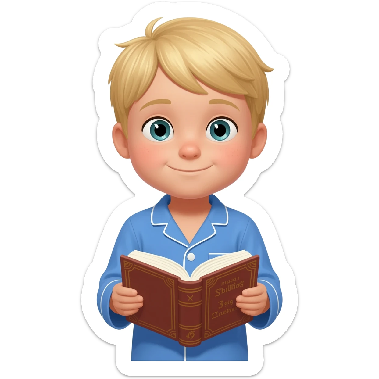 Create an emoji of the same blonde 3 year old as the first one you did. happy boy with blue-greenish eyes with blue pajamas on reading a kids bible sticker