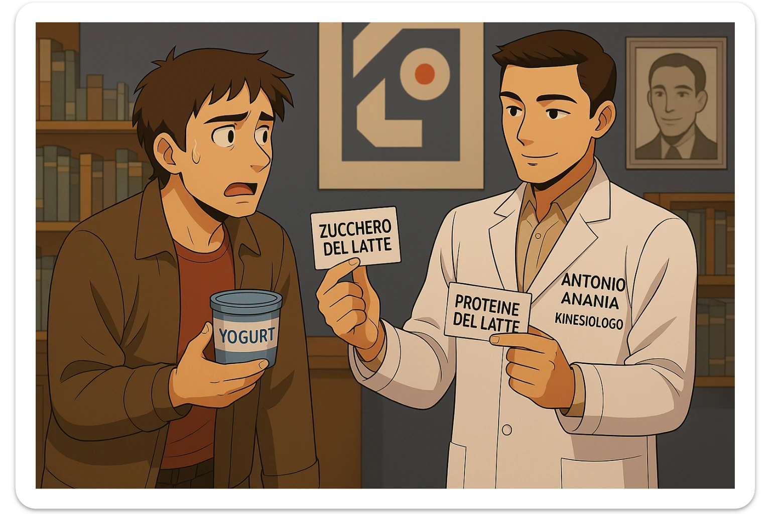 fai un webtoon manga a colori con questo stile, in cui un uomo fa una domanda al kinesiologo con il camice bianco (fagli anche la scritta "ANTONIO ANANIA" SUL CAMICE, l'uomo chiede una cosa mostrando un formaggio e uno yogurt al kinesiologo con il camice, IL KINESIOLOGO annuisce e SPIEGA ALL'UOMO UNA cos. L'UOMO ha un ESPRESSIONE CONFUSA IN VOLTO. non fare i fumetti però, fai solo in modo che sembri stiano parlando sticker