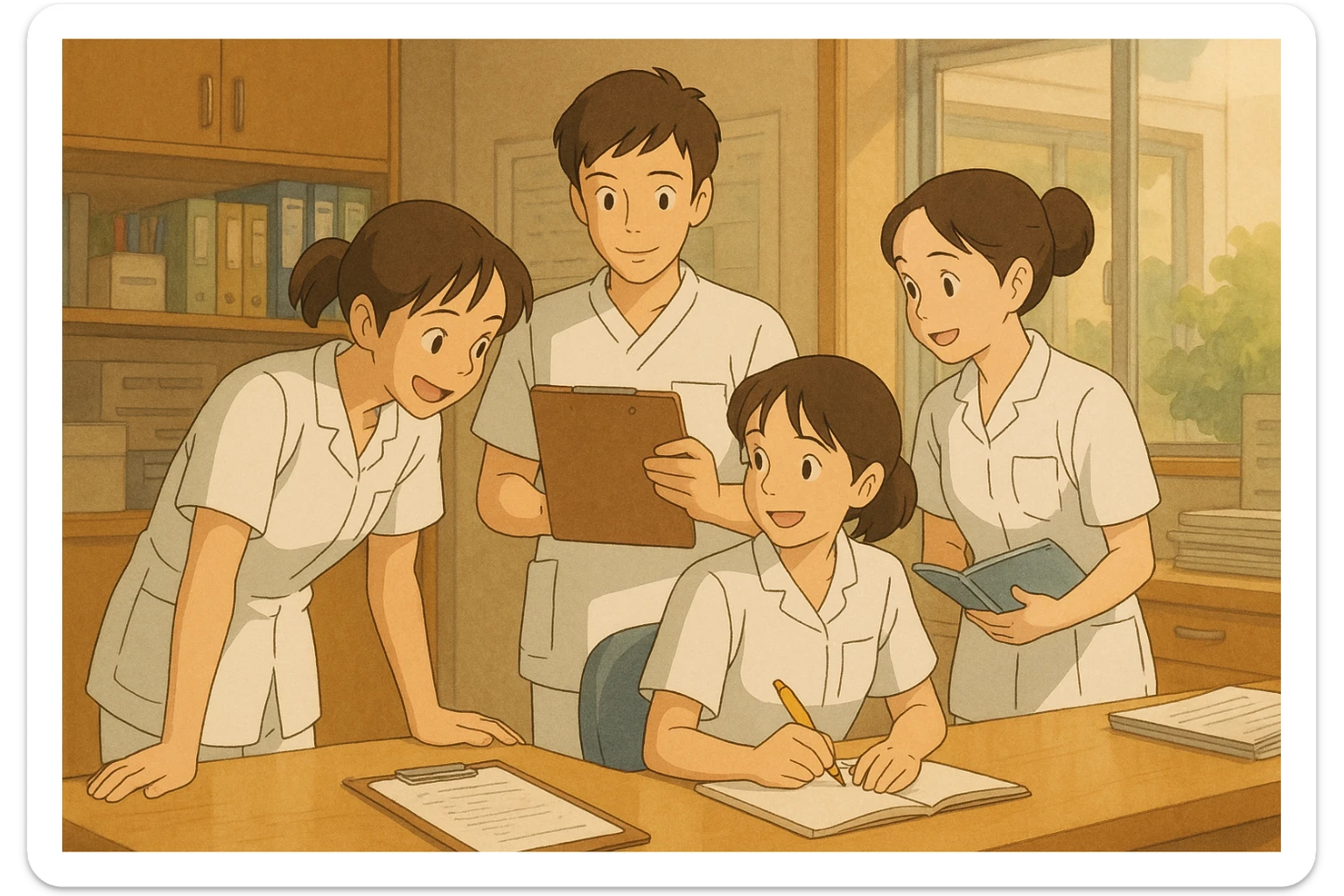 Ghibli illustration of four nursing students in a care station, all wearing white short-sleeve uniforms, medical tunics with V-neck and left chest pocket, no collar stand or stethoscopes, no fabric under sleeves, friendly atmosphere, visible collaboration sticker
