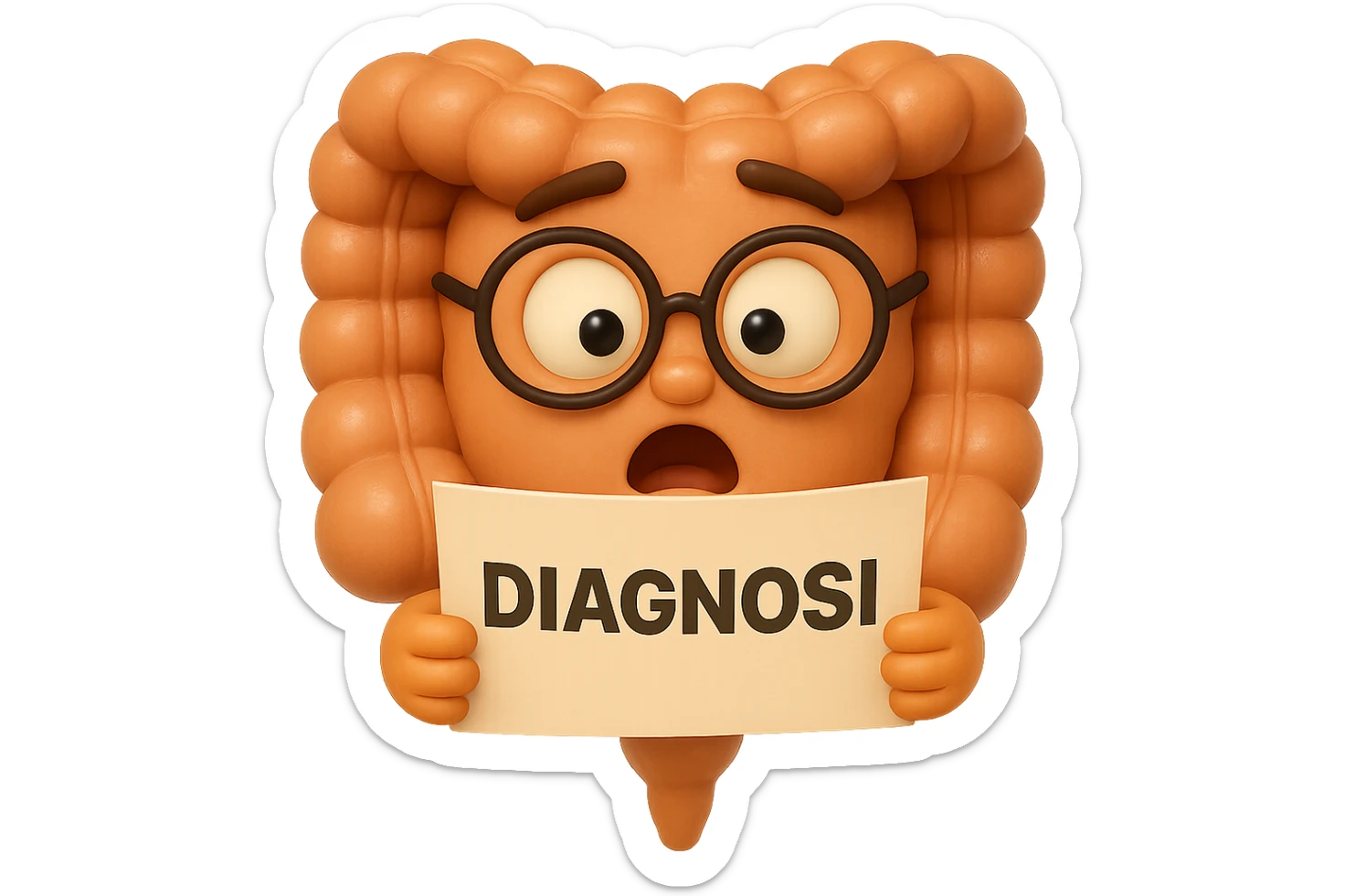 EMOJI STILE IPHONE DI UN INTESTINO CON GLI OCCHIALI CHE LEGGE UN FOGLIO CON LA SCRITTA DIAGNOSI, ESPRESSIONE STUPITA IN VOLTO, IPERREALISTICO 4K sticker