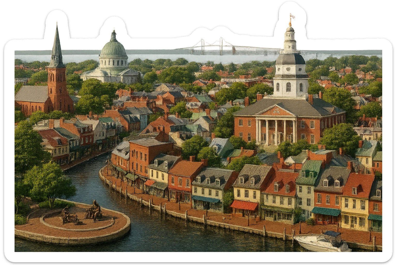 cinematic realistic emoji of Annapolis, panoramic cityscape with Maryland State House, United States Naval Academy Chapel, Ego Alley, St. Anne's Church, Kunta Kinte-Alex Haley Memorial, Chesapeake Bay Bridge in the distance. Lifelike detail, accurate colors, bright daylight, no sky, no clouds, no text, transparent background sticker