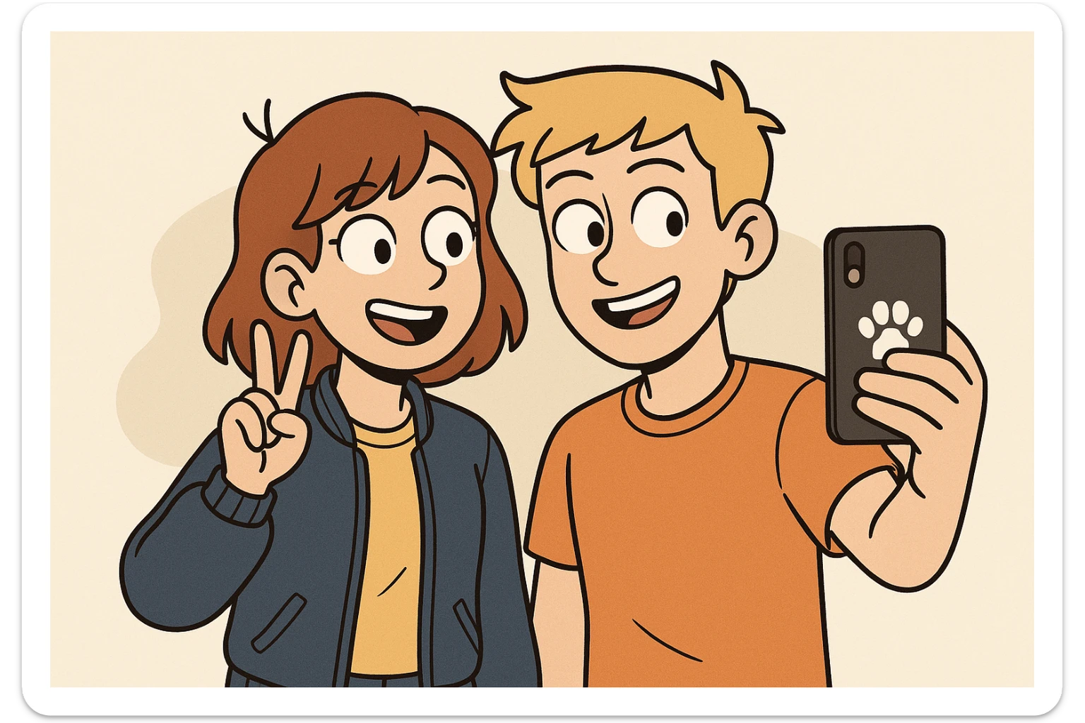 A girl yellow t-shirt blue girls bomber jackets ✌️A boy dark yellow hair Orange T-Shirt white dogs paw 🤳 sticker