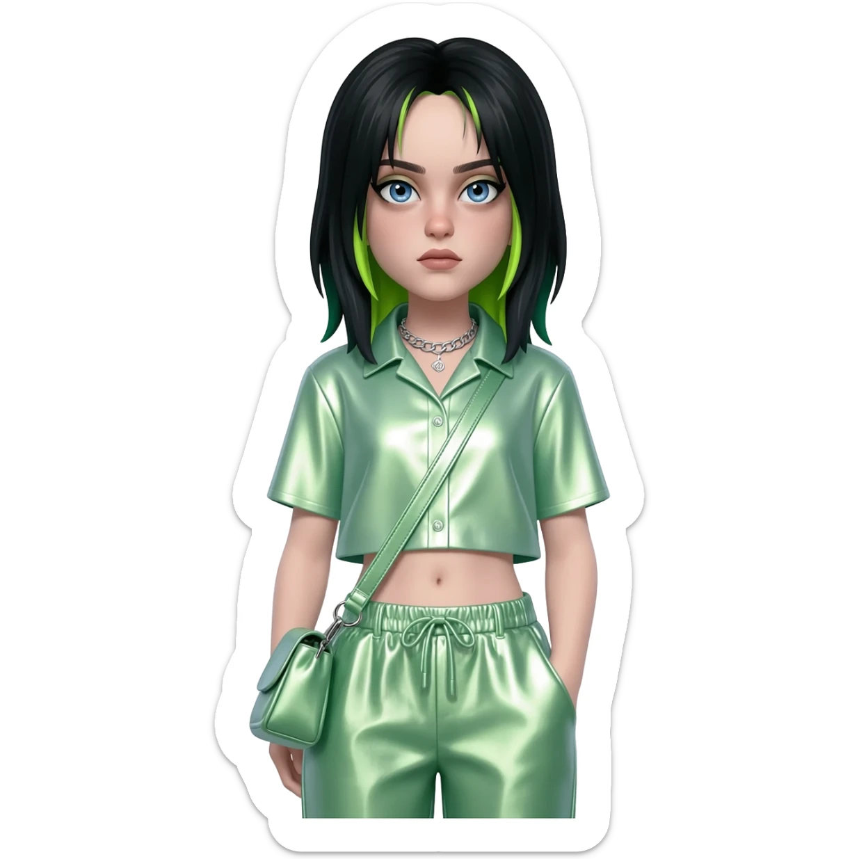 Billie Eilish with blue eyes, black hair with green highlights, light green metallic shirt, light green metallic baggy pants, silver necklace sticker