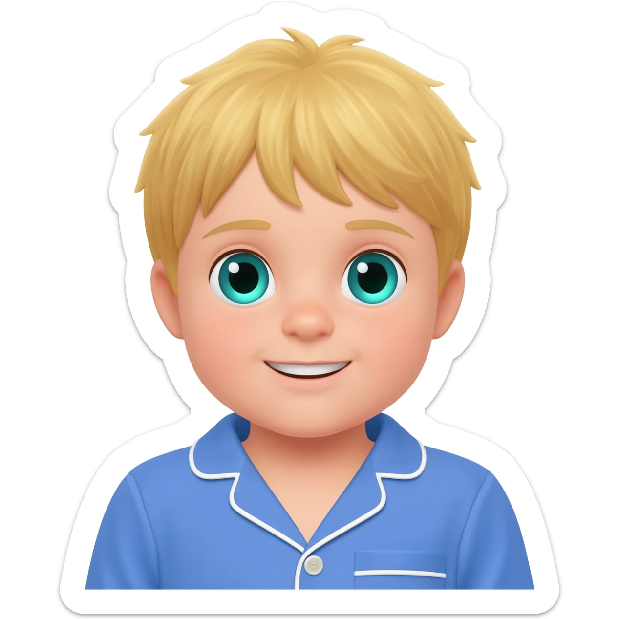 Create an emoji of the same blonde 3 year old as the first one you did. happy boy with blue-greenish eyes putting on blue pajamas sticker