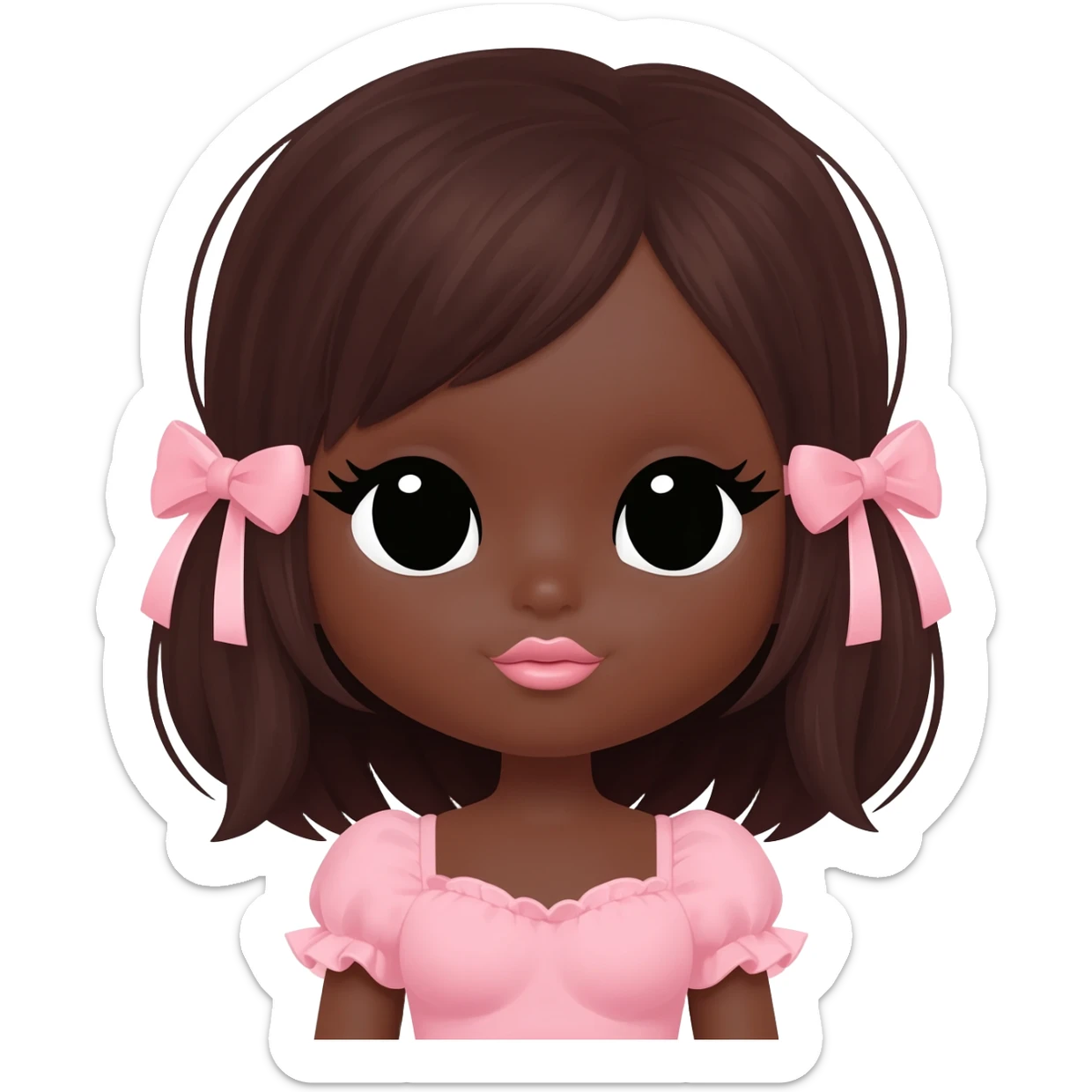 Doll, big chest, dark brown skin, dark brown hair, black cute eyes, pink bows with cute lips sticker