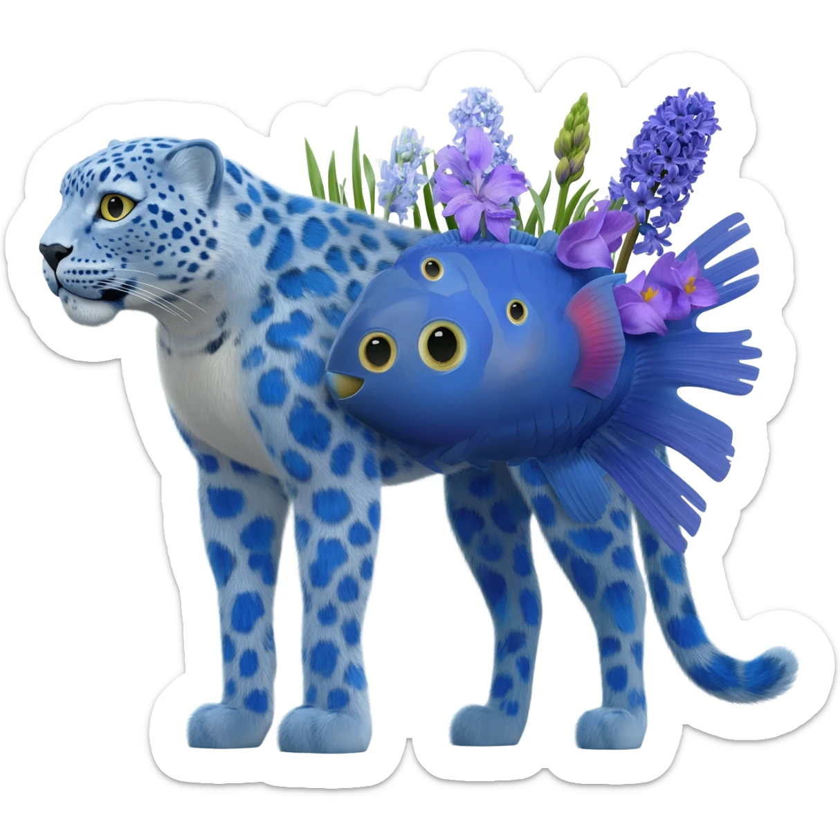 Snow-Leopard-Blue-Tang-Fish-Hyacinth-Macaw-fusion-hybrid-animal-creature, full body sticker