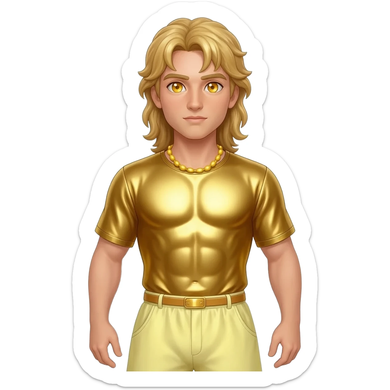 Apollo from Greek Mythology with amber eyes, long blonde hair, gold metallic shirt, light yellow metallic baggy pants, yellow necklace sticker