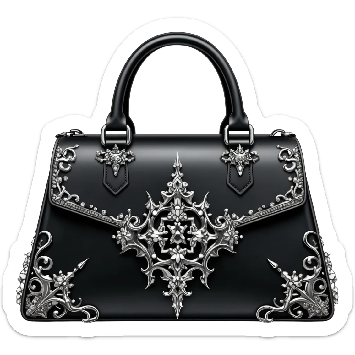 Ultra realistic, mirco-detailed Alexander Wang bag, in black gothic aesthetic style with matching metallic, silver chrome gothic style Luxury embellishments, 8k hd quailty  sticker