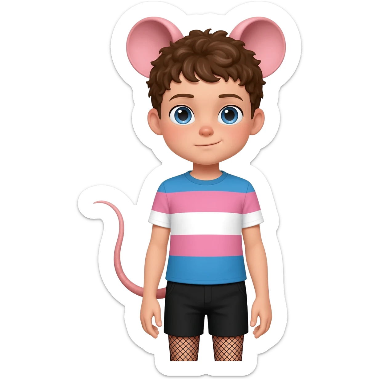 a white twink boy with blue eyes, short curly brown hairs and rat ears, he has a rat tail. he is dressed in a short shade of the color trans flag and short black shorts with mesh stockings sticker