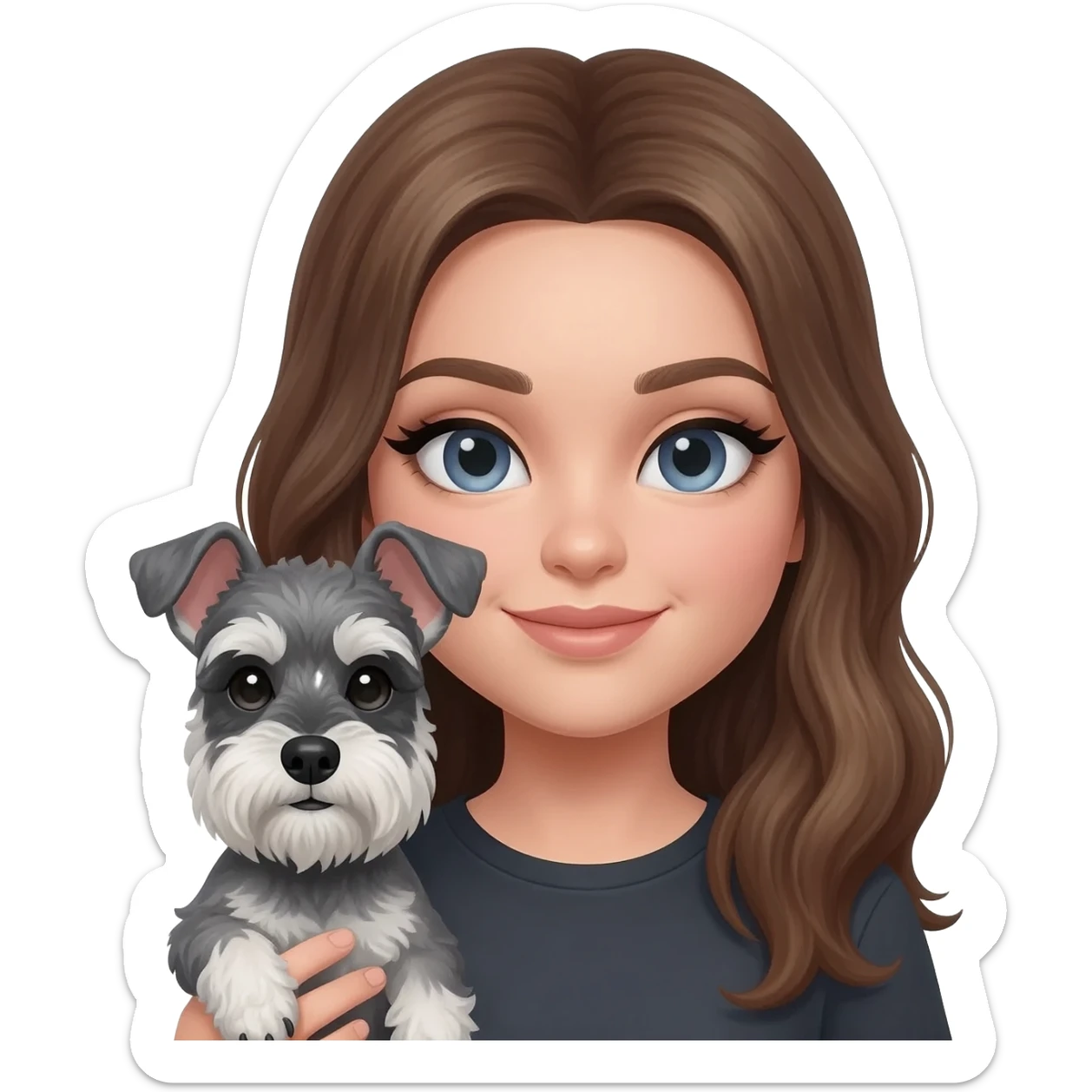 White girl with long, medium brown color hair dark blue grey eye with heavy eyeliner holding a grey miniature schnauzer sticker