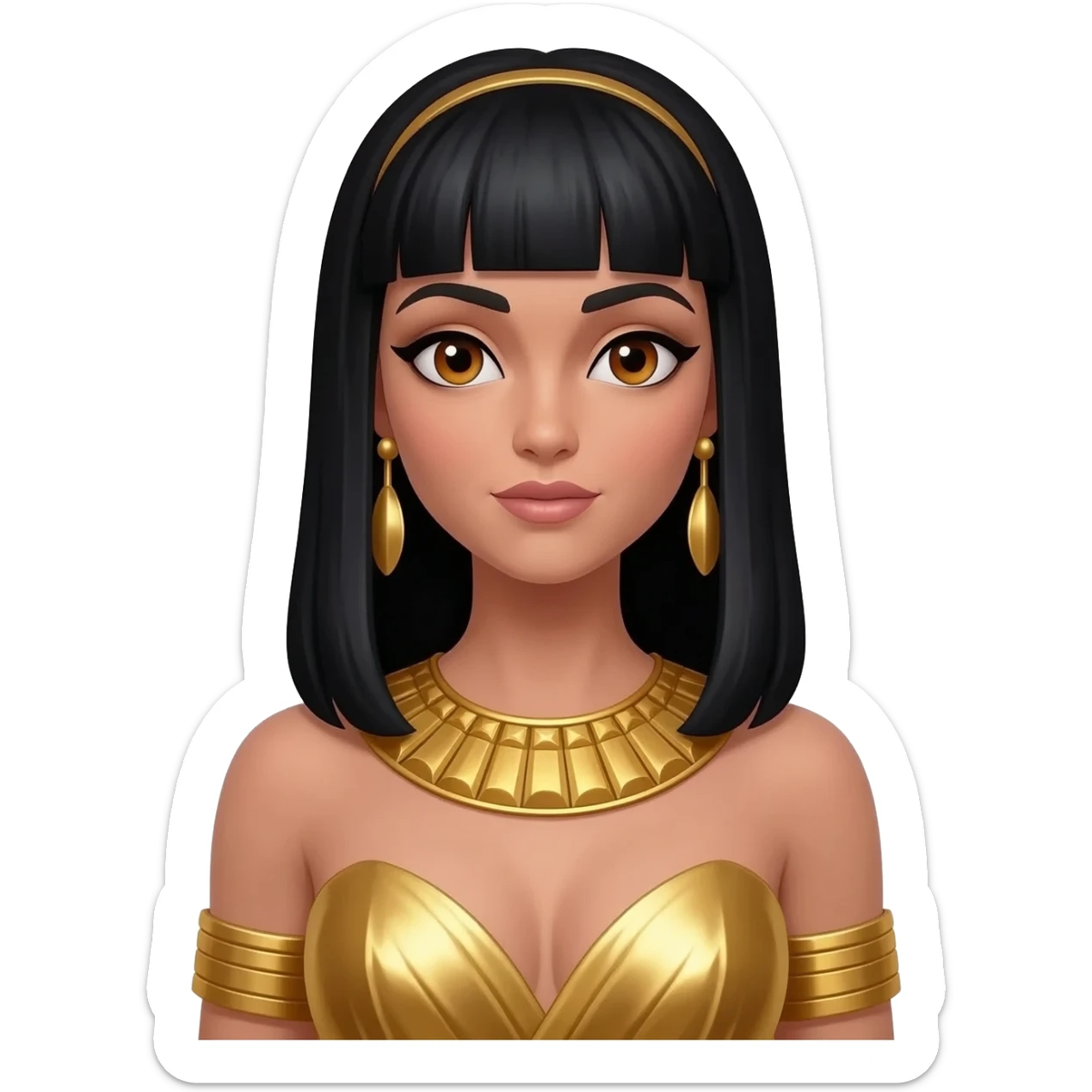 Cleopatra with hazel eyes, long black hair, gold metallic dress, gold necklace and earrings sticker