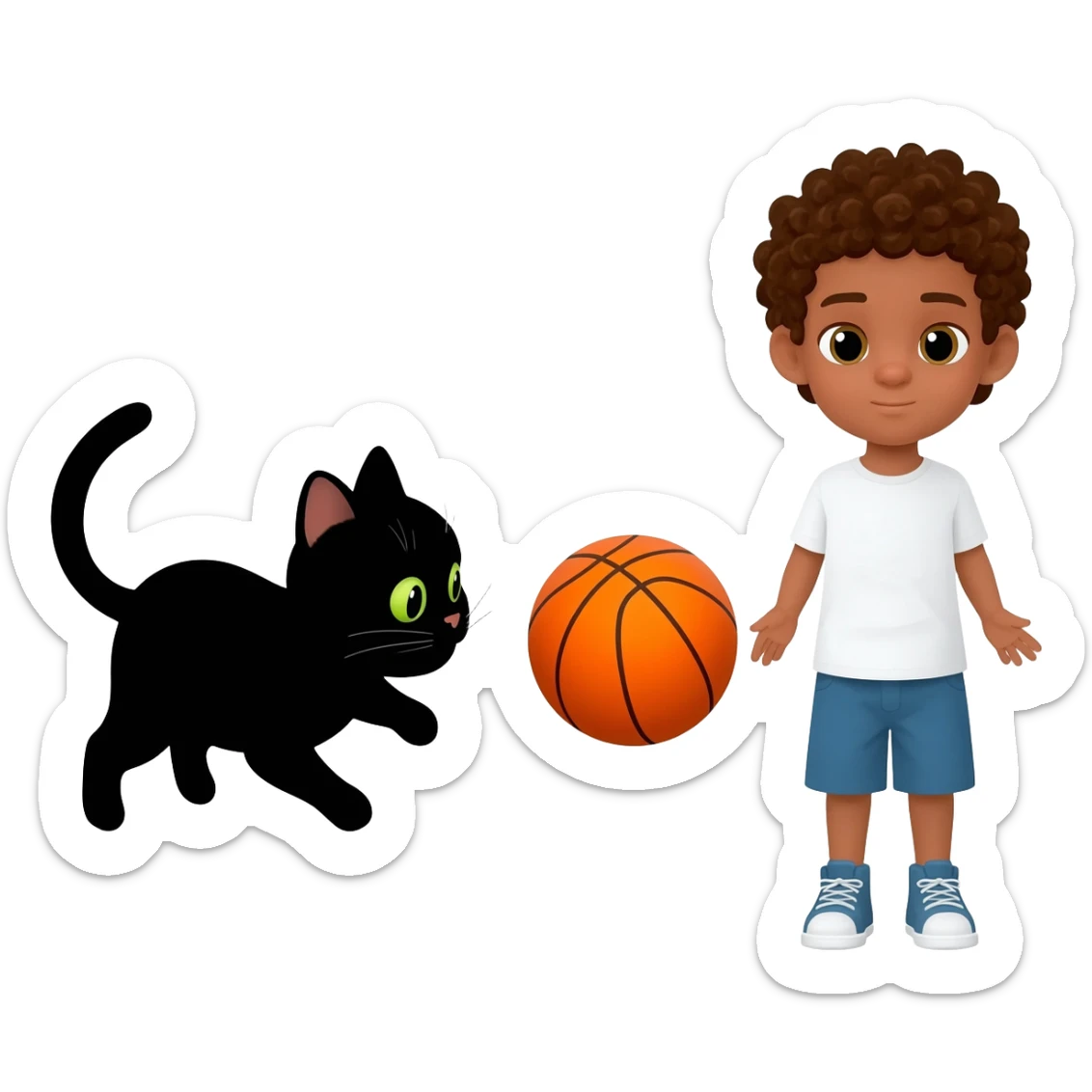 Black cat playing with orange basketball and a little white boy with curly hair sticker