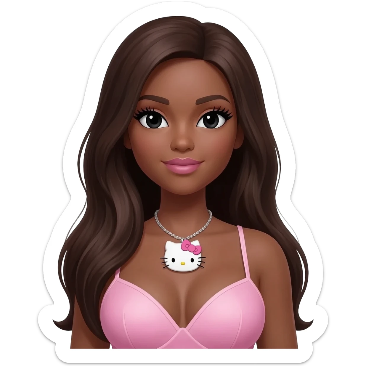 Long giant lashes, Doll faced shaped, hello kitty necklace, bimbo, black doll eyes, barbie, dark brown skin with long dark brown hair, light pink, big breast sticker