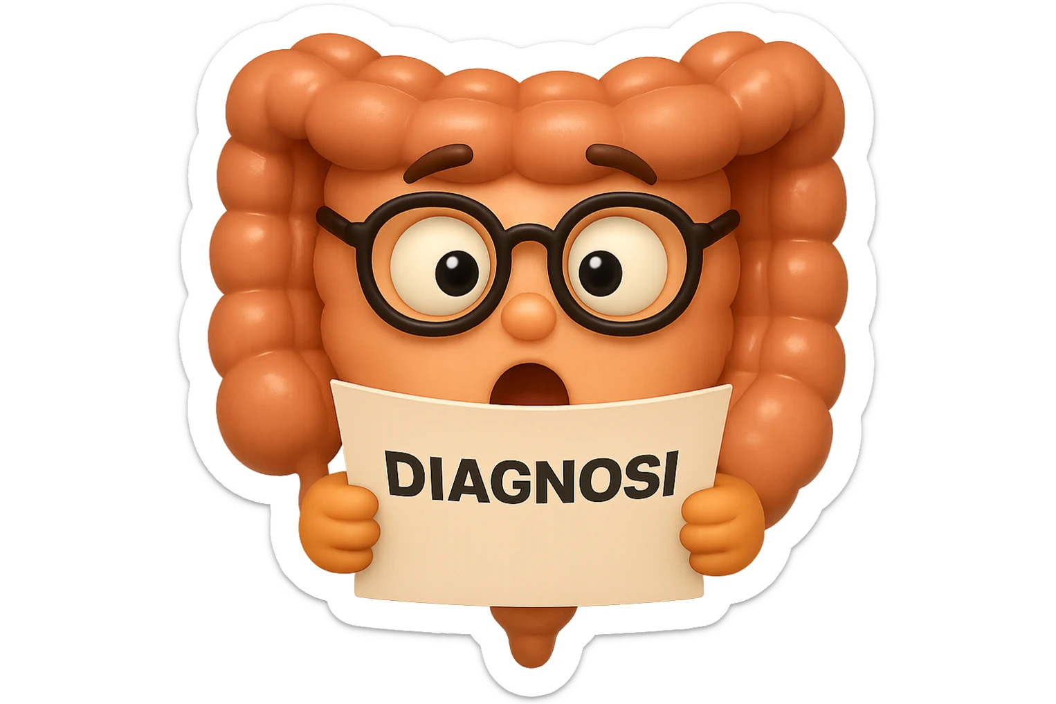 EMOJI STILE IPHONE DI UN INTESTINO CON GLI OCCHIALI CHE LEGGE UN FOGLIO CON LA SCRITTA DIAGNOSI, ESPRESSIONE STUPITA IN VOLTO, IPERREALISTICO 4K sticker