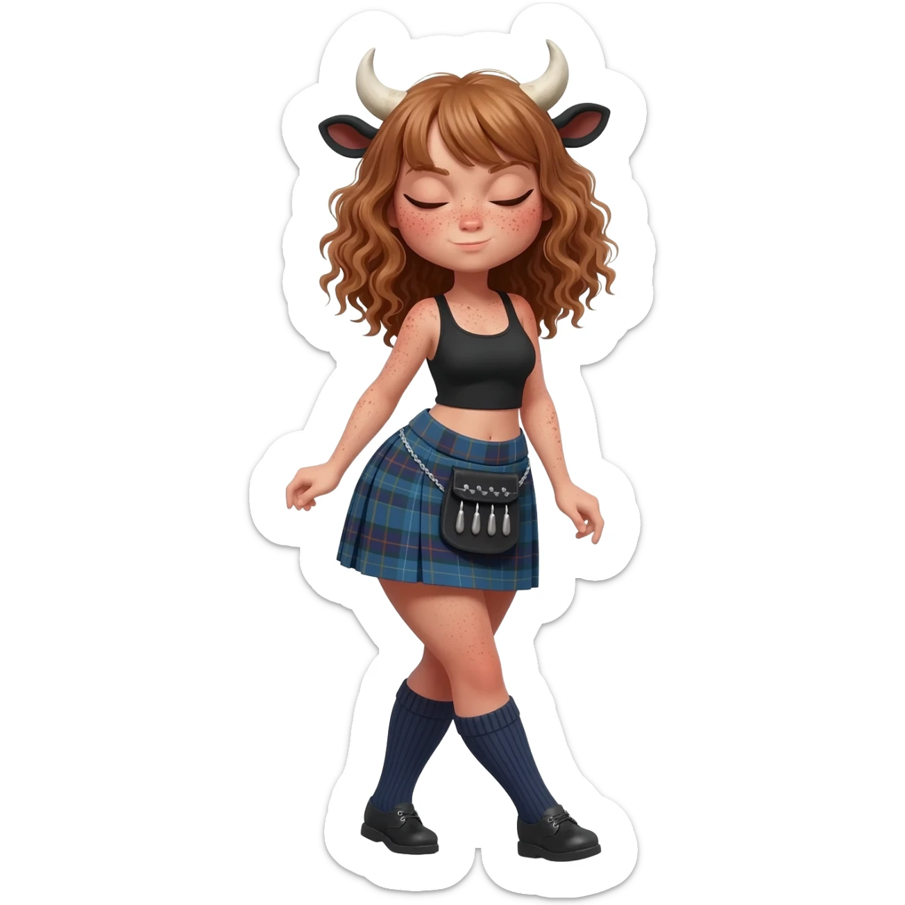 buff curly woman with frecles with light brown messy hair with straight bangs covering her eyes with brown cow tail with strong fat thights with cow horns and cow brown ears with big butt in a short scottish kilt and with knee socks and shoes stands with crossed legs sticker