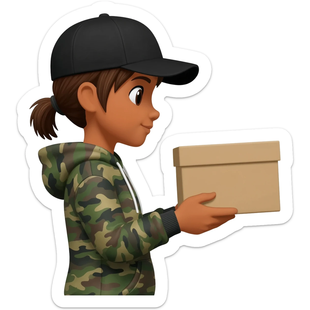 A tan skin girl with short hair tied back in a pony tail wearing a black baseball hat and a camo hoodie holding a box sticker