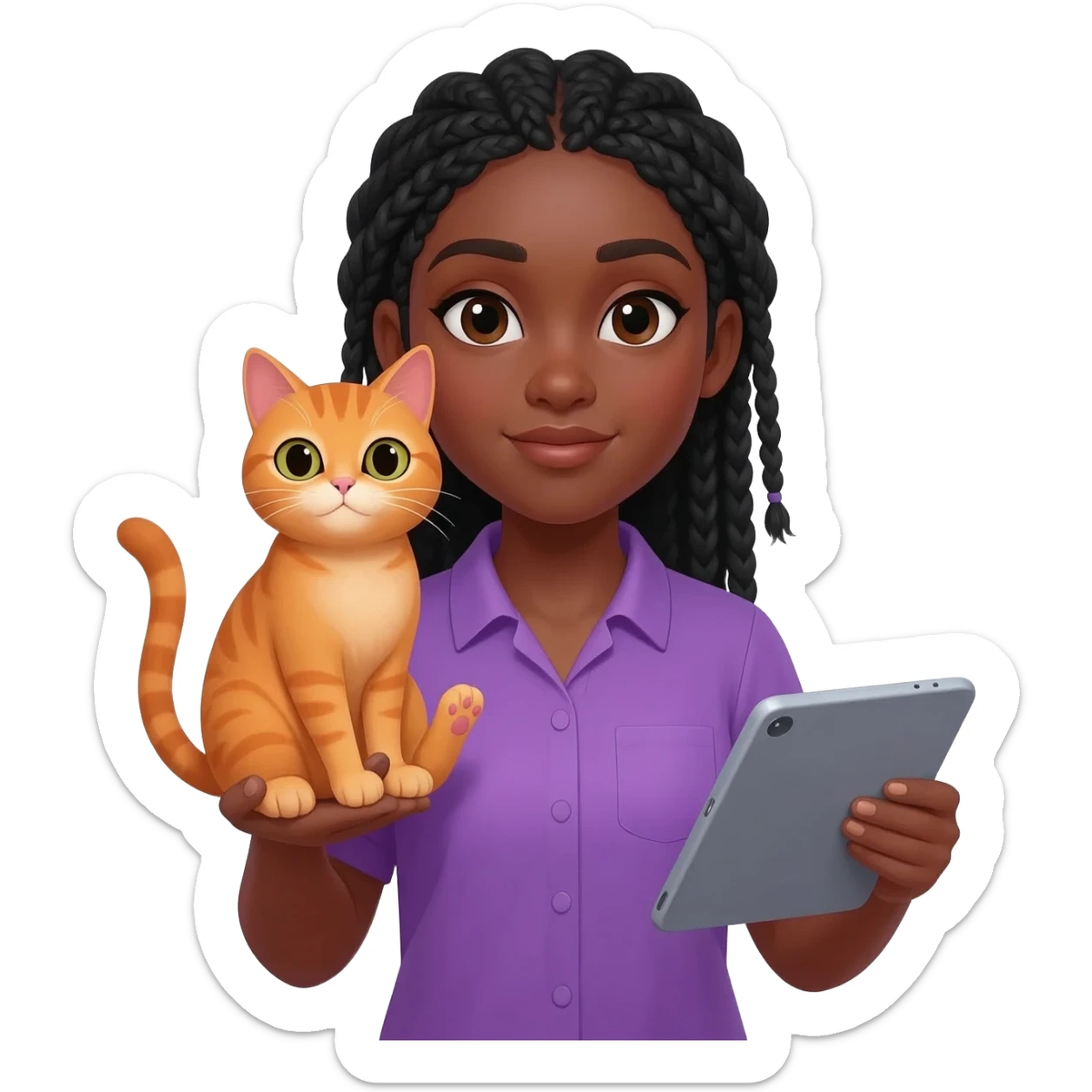 Émoji représentant une femme peau marron avec des longues nattes noires, une chemise violette, tenant un chat orange dans une main et une tablette dans l'autre sticker