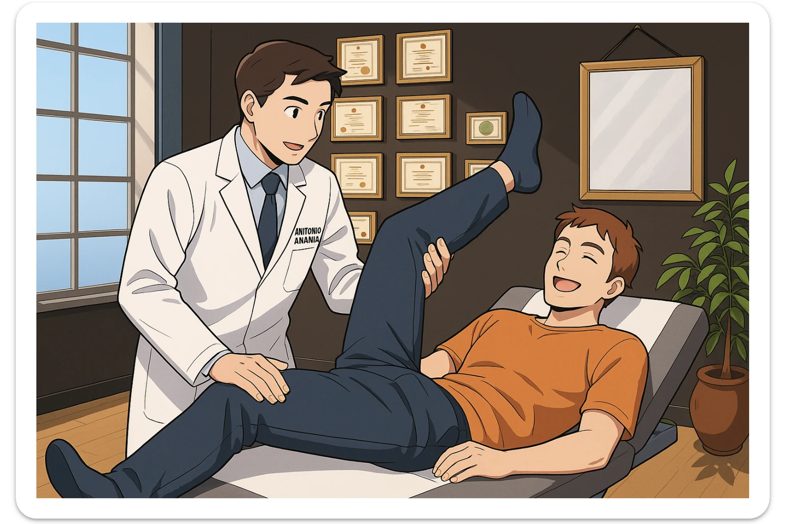 su questo lettino rappresenta un webtoon manga a colori con questo stile, in cui un uomo è steso sul lettino medico e il kinesiologo con il camice bianco (fagli anche la scritta "ANTONIO ANANIA" SUL CAMICE, gli solleva una gamba per fargli il test neuromuscolare, IL KINESIOLOGO SPIEGA ALL'UOMO UNA cosa mentre gli alza la gamba. l'espressione dell'uomo è felice e soddisfatta, non fare i fumetti però, fai solo in modo che sembri stiano parlando sticker