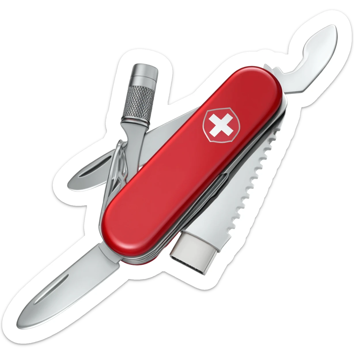 swiss army knife with audio connectors and hdmi connectors instead of knife blades sticker