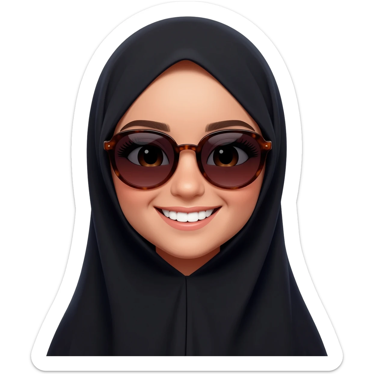 smiling face, cute face 
,luxury face & loving face, laughing face, beauty face, sunglass face make all this emoji wearing black color Abbaya  
sweet girl sticker