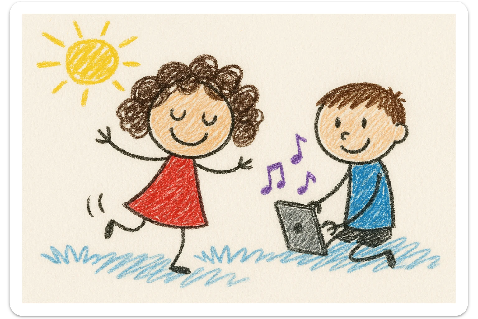 A 4-year-old girl with brown curly hair dancing while her 6-year-old brother plays music on an iPad, in children's doodle style sticker