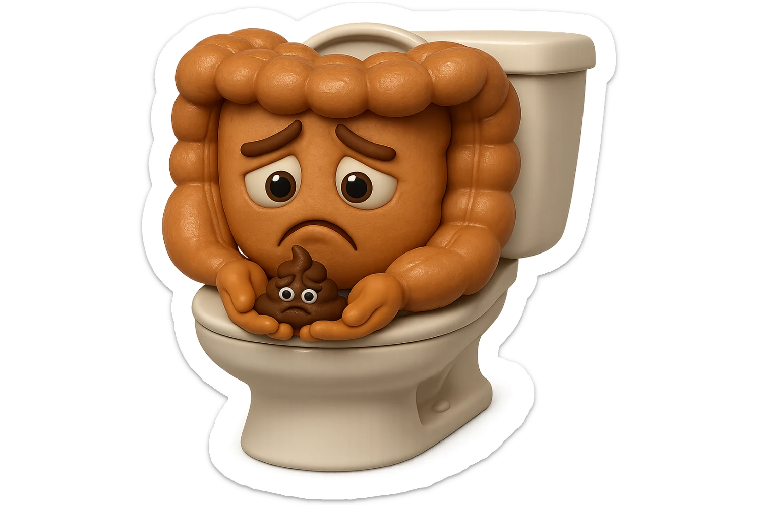 emoji stile iphone di un intestino realistico 3d che esce dal wc con in mano una montagnetta di feci con espressione triste a palline, iperrealistico 4k sticker