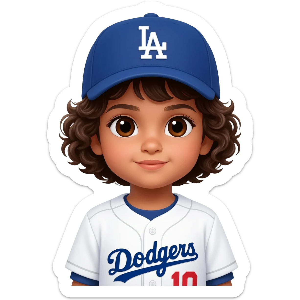 indian toddler girl in a white dodgers uniform with baseball cap curly brown short hair and dark brown eyes sticker