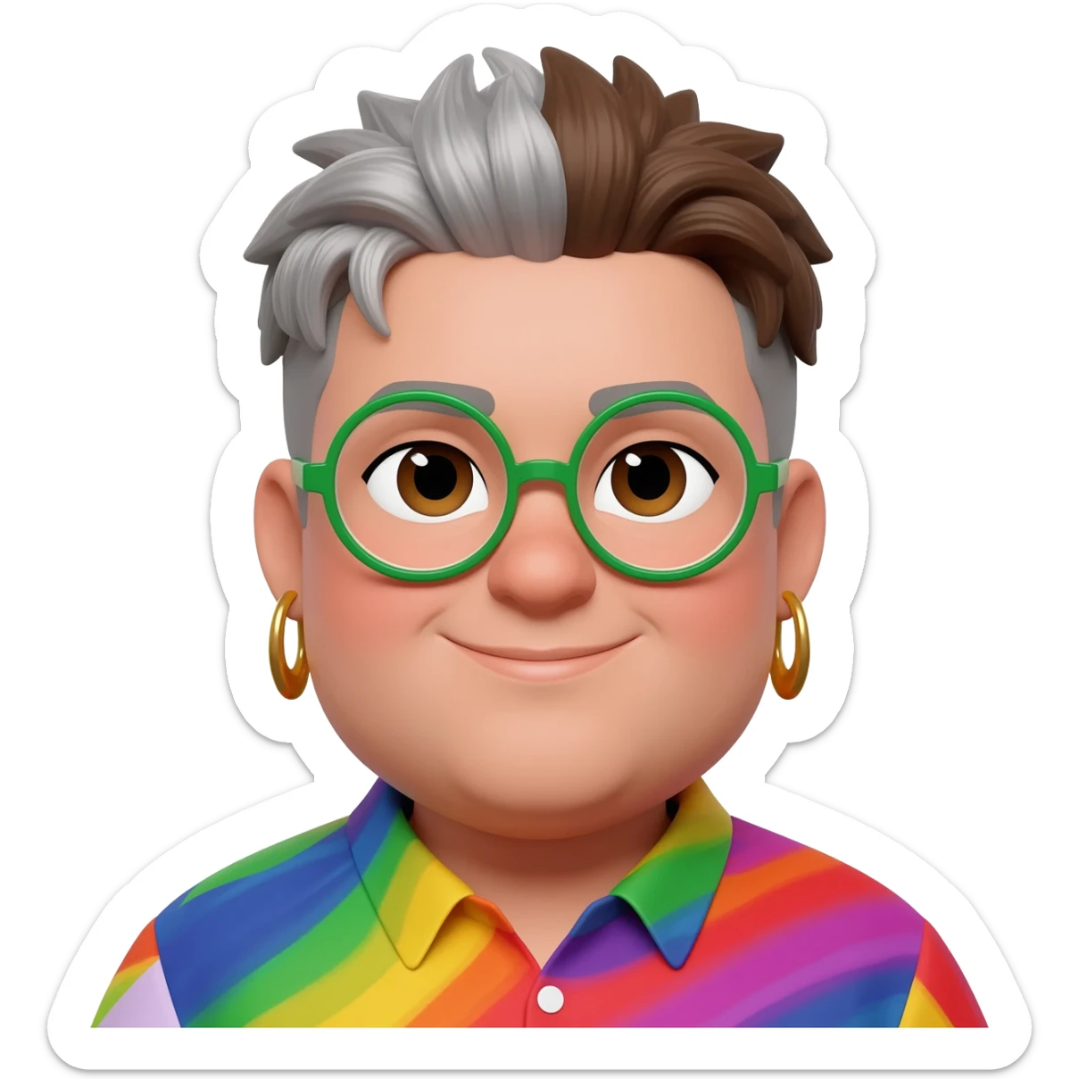 fat queer gender expansive lightskinned person with a double chin and a rounded square face shape assigned female at birth with short brown and silver mullet and bold green round glasses with almond shaped deep set brown eyes and a slight smile with bold dangly earrings and a colorful shirt sticker