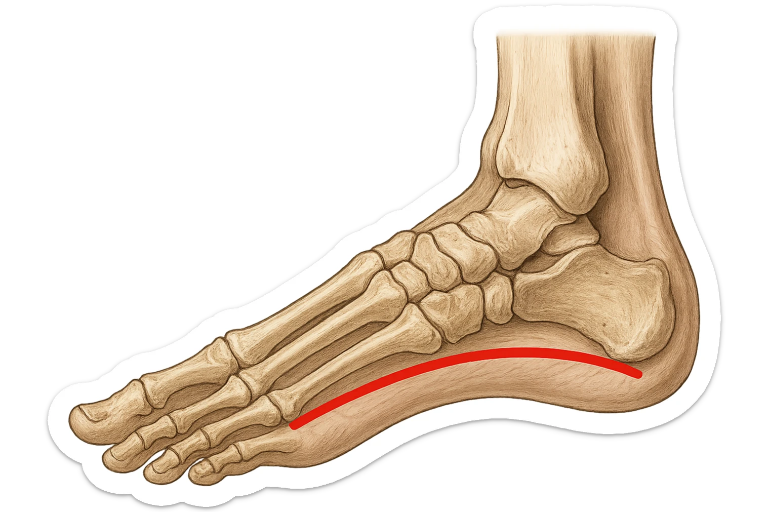 spazio dall'avampiede al tallone umano sottolineato in rosso, fai l'arto umano anatomico realistico con evidenza su quel tratto sticker